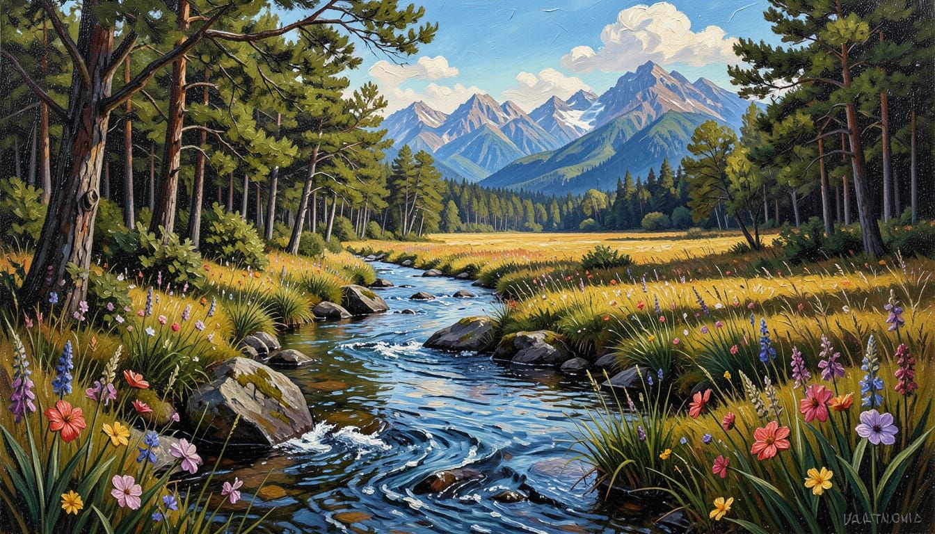 Acrylic Forest Stream with Flowers and Mountains