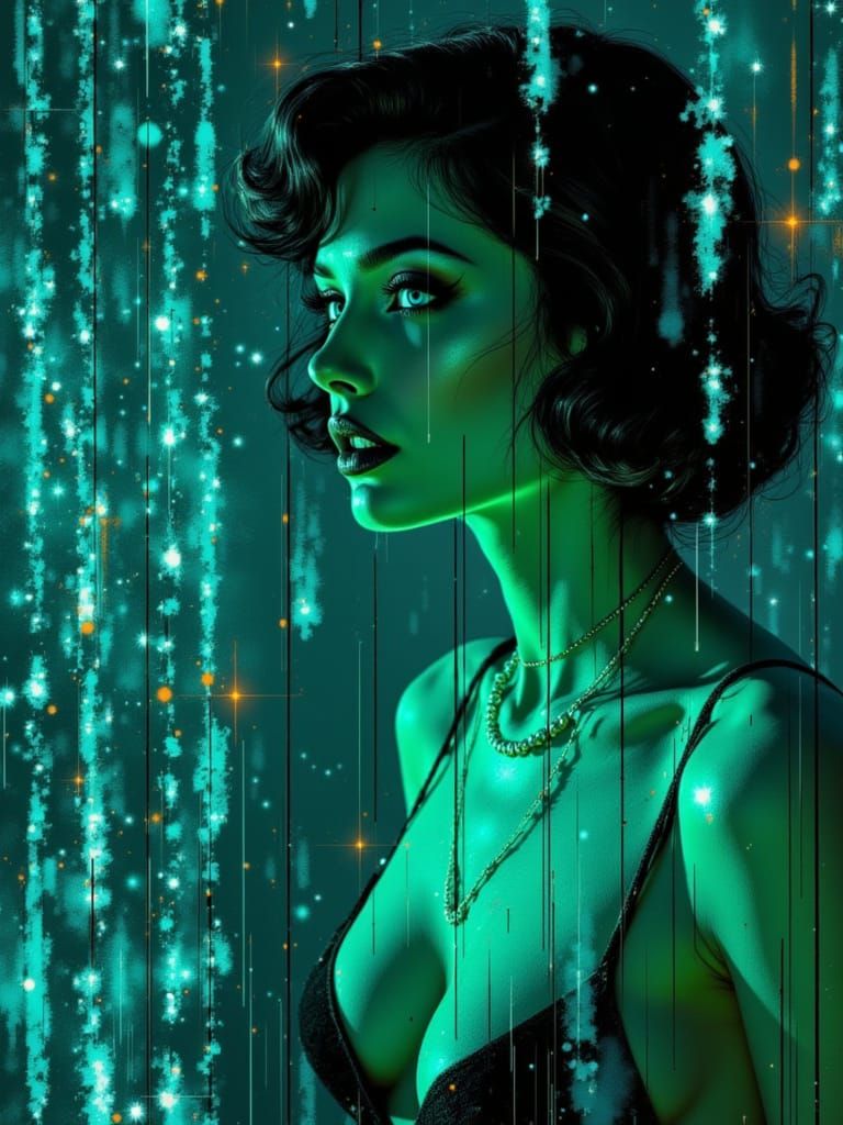 1950s Pin-Up with Matrix Code in Cyberpunk Style