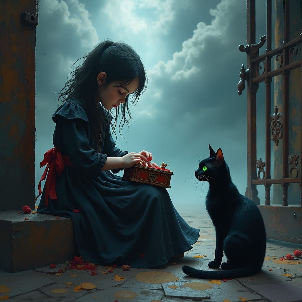 Eerie Girl with Cat in Dark Fantasy Landscape
