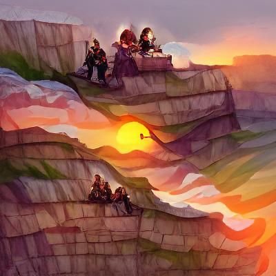 Fantasy Sunset: Adventurers on the Cliff Edge
