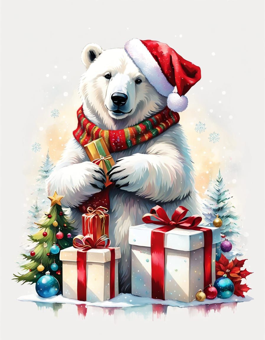 Elegant Polar Bear in Christmas Sweater with Gift