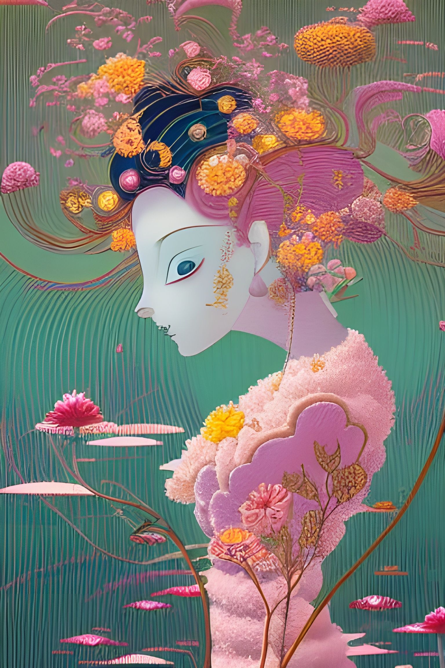 Ethereal Beauty with Flowers in Applique Style