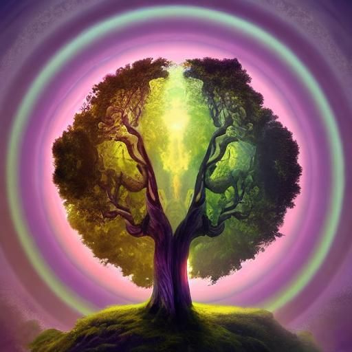 Geometric Tree with Double Helix Trunk in Watercolor