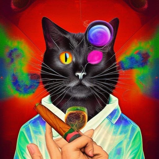 Astral Cat Smoking Cigar in Pablo Amaringo Style