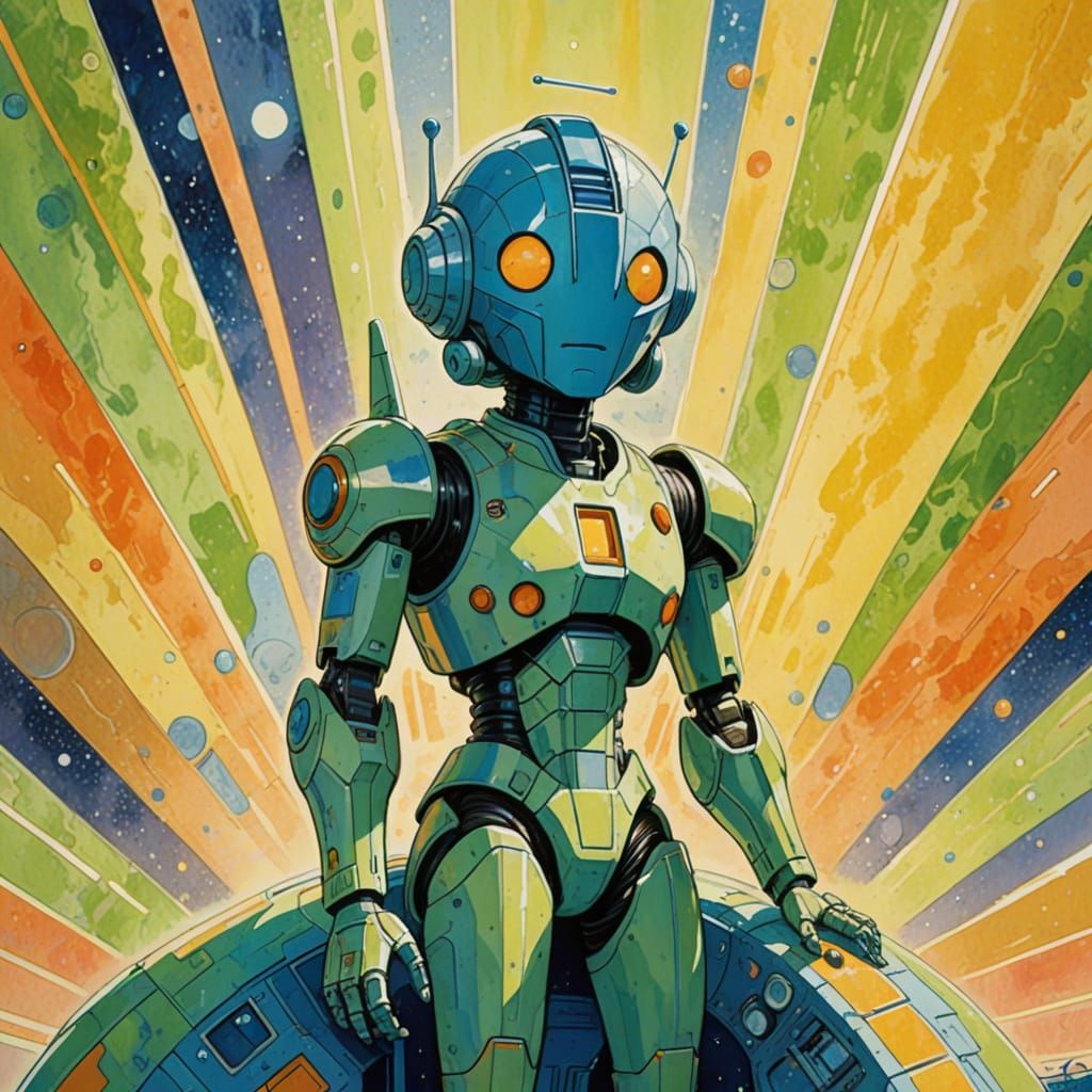 Pastel Android on Spaceship in Retro Comic Style