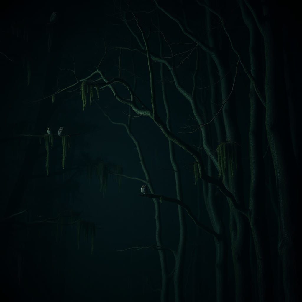 Trees in a Dark Black Forest at Night