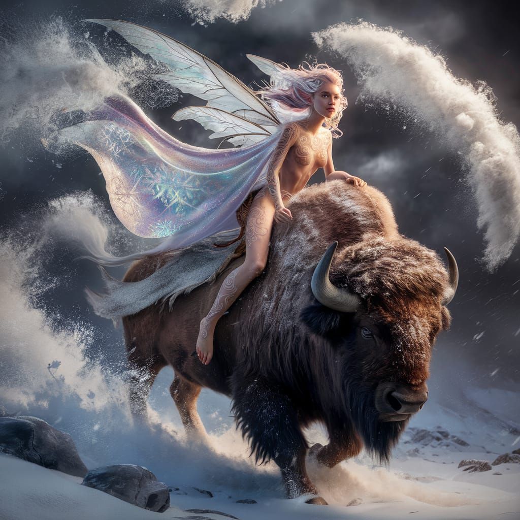 Fairy on Bison in Blizzard Digital Artwork