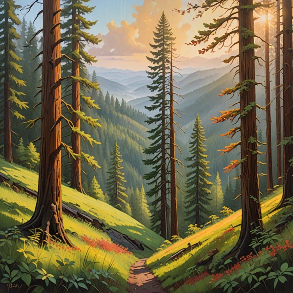 Impressionist Redwoods and Dogwoods Landscape Art