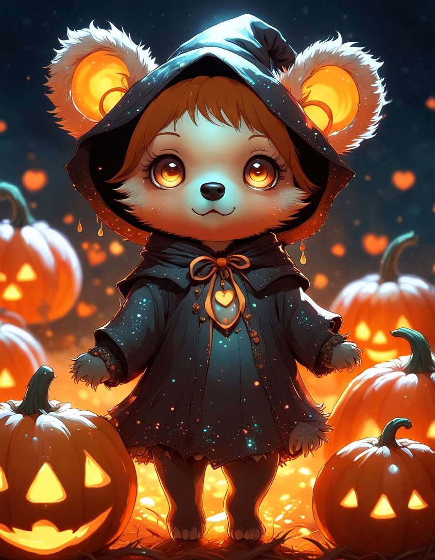 Chibi Witch Bear in Bioluminescent Pumpkin Patch