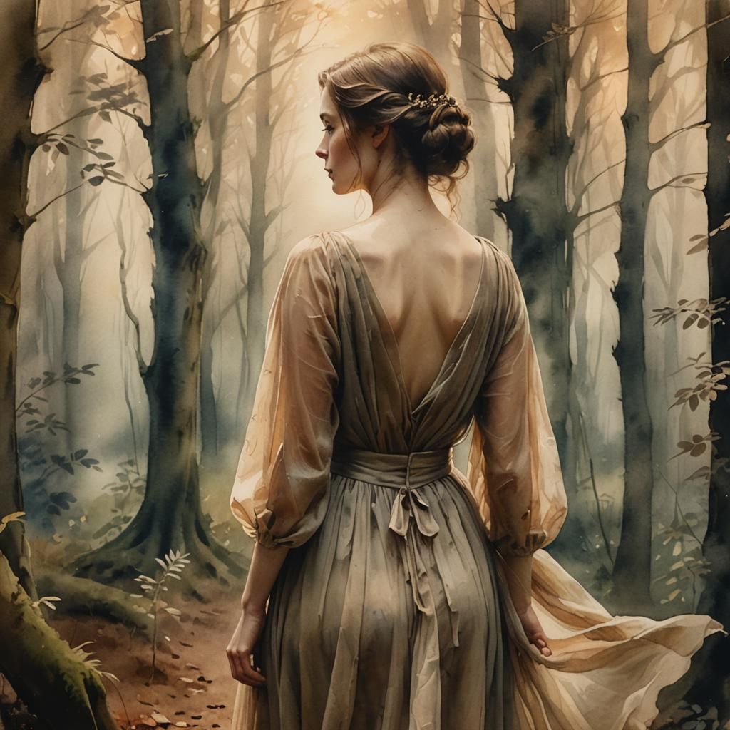 Woman in Misty Forest: Watercolor Painting
