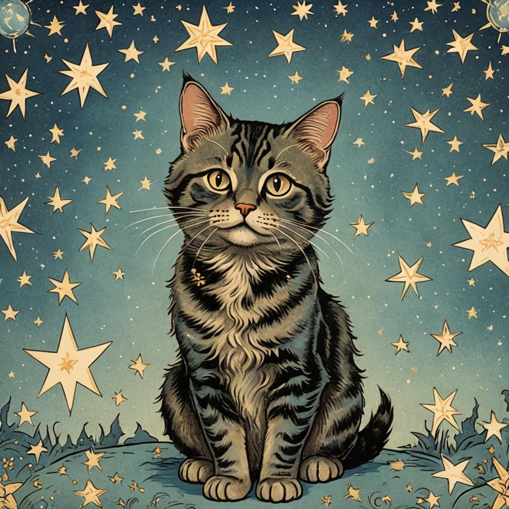 Victorian Cat Among Stars in Wain Style