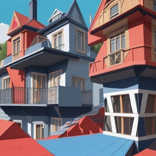 Marine Blue Victorian Town in Cubist Art Deco Style