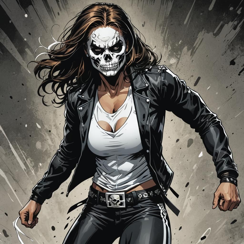 Comic Book Female Wrestler with Black and White Hair