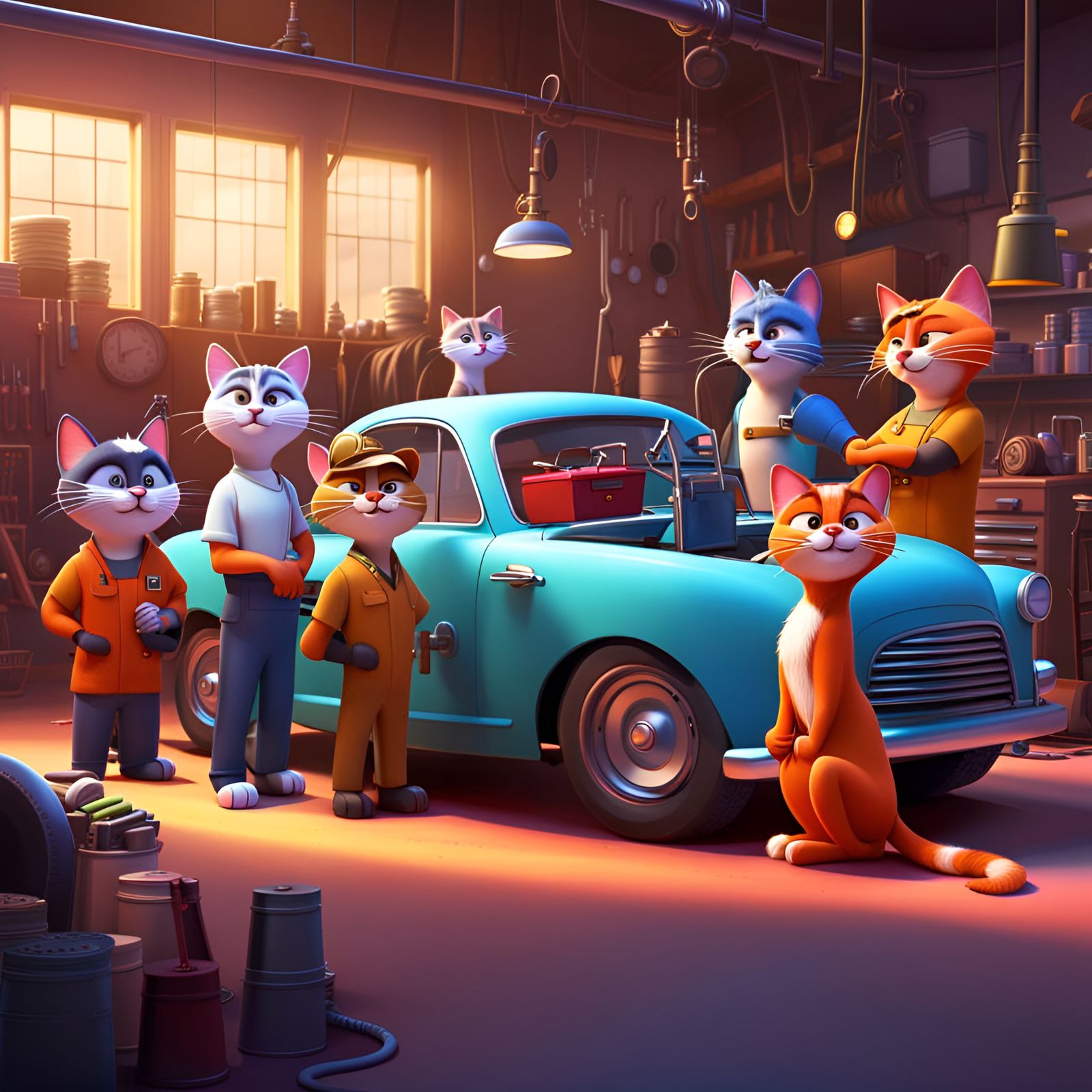 Mechanic Cats Fixing Cars in Pixar Style
