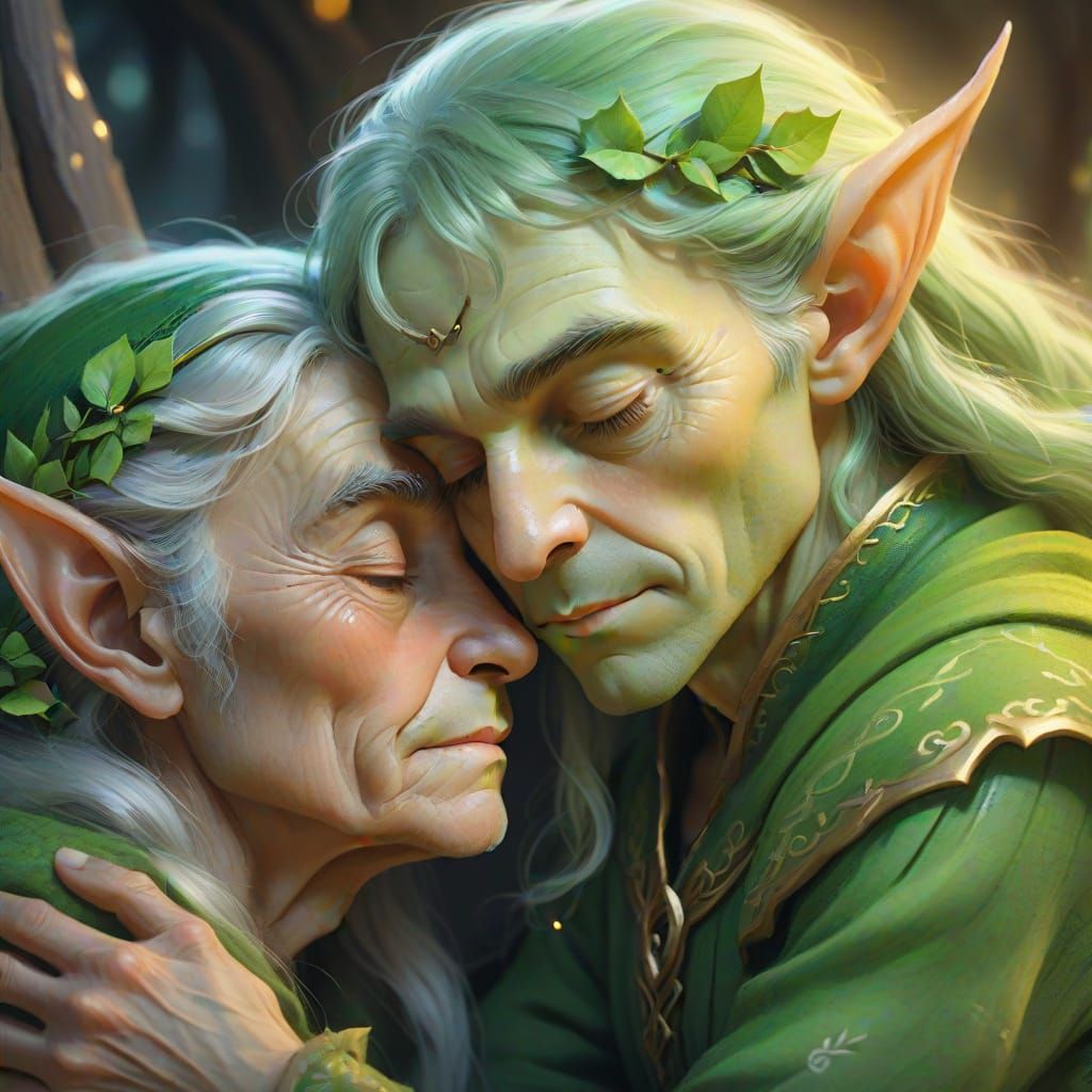 Tender Elfin Embrace in Whimsical Fantasy Art