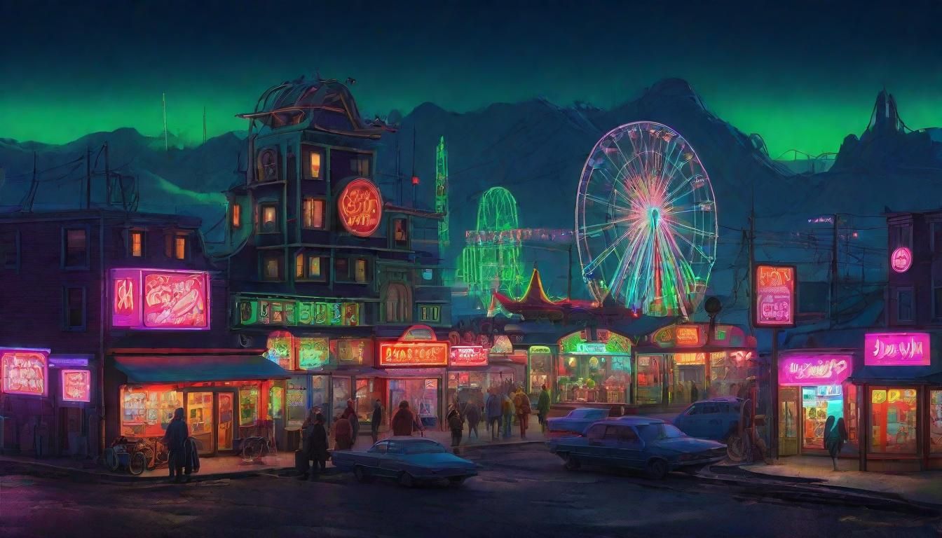 Glowing Miniature Amusement Park in Industrial Futurism Styl...