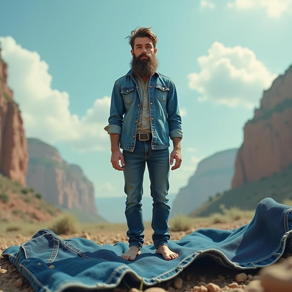 Surreal Denim Man in Colossal Landscape
