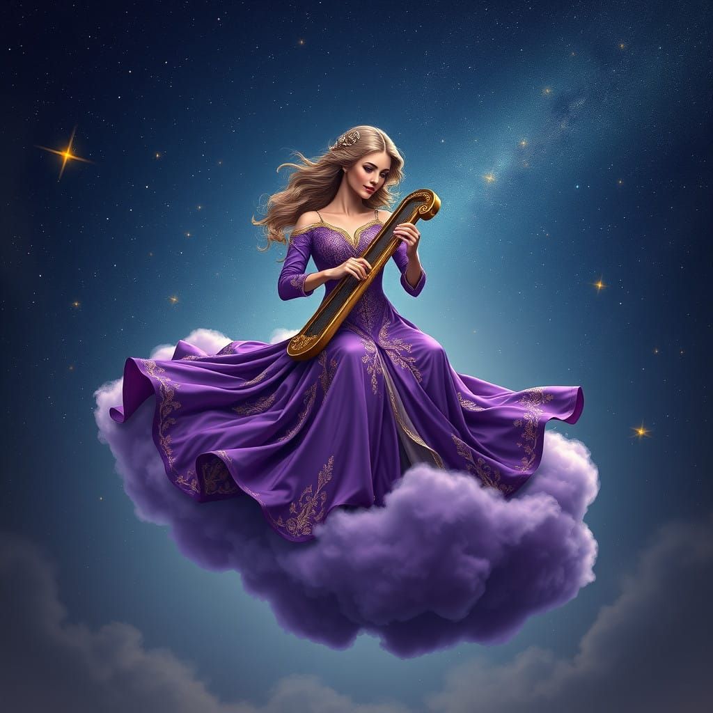 Regal Lady Plays Harp on Celestial Cloud