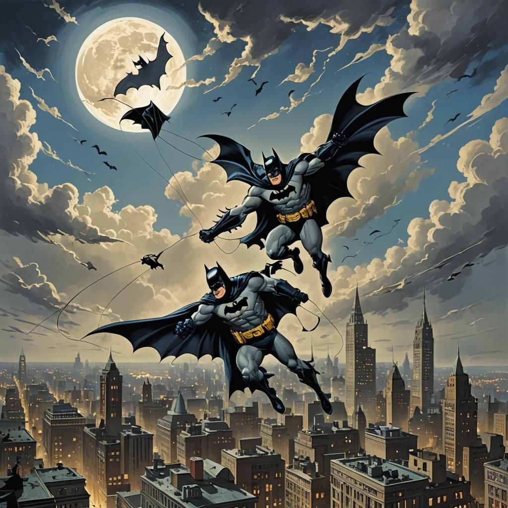 Batman Flying Kite in Gotham, Comic Book Art