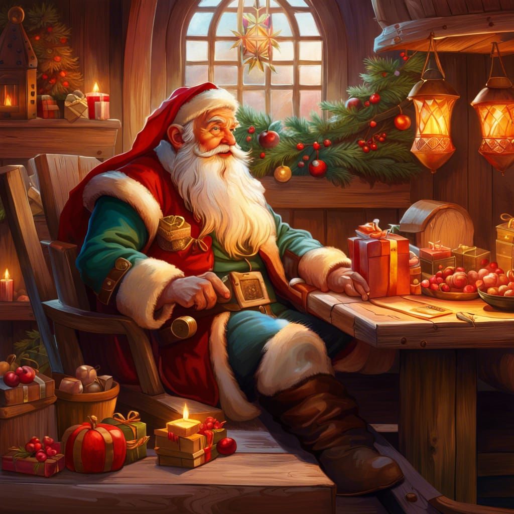 Friendly Santa Dwarf in Watercolor with Dramatic Lighting