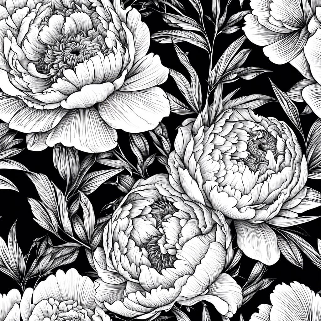 Hyperdetailed Black and White Peonies Flower Arrangement