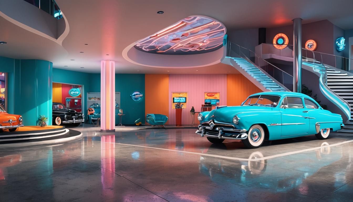 Retro-Futuristic 1950s Ford Showroom in Googie Style