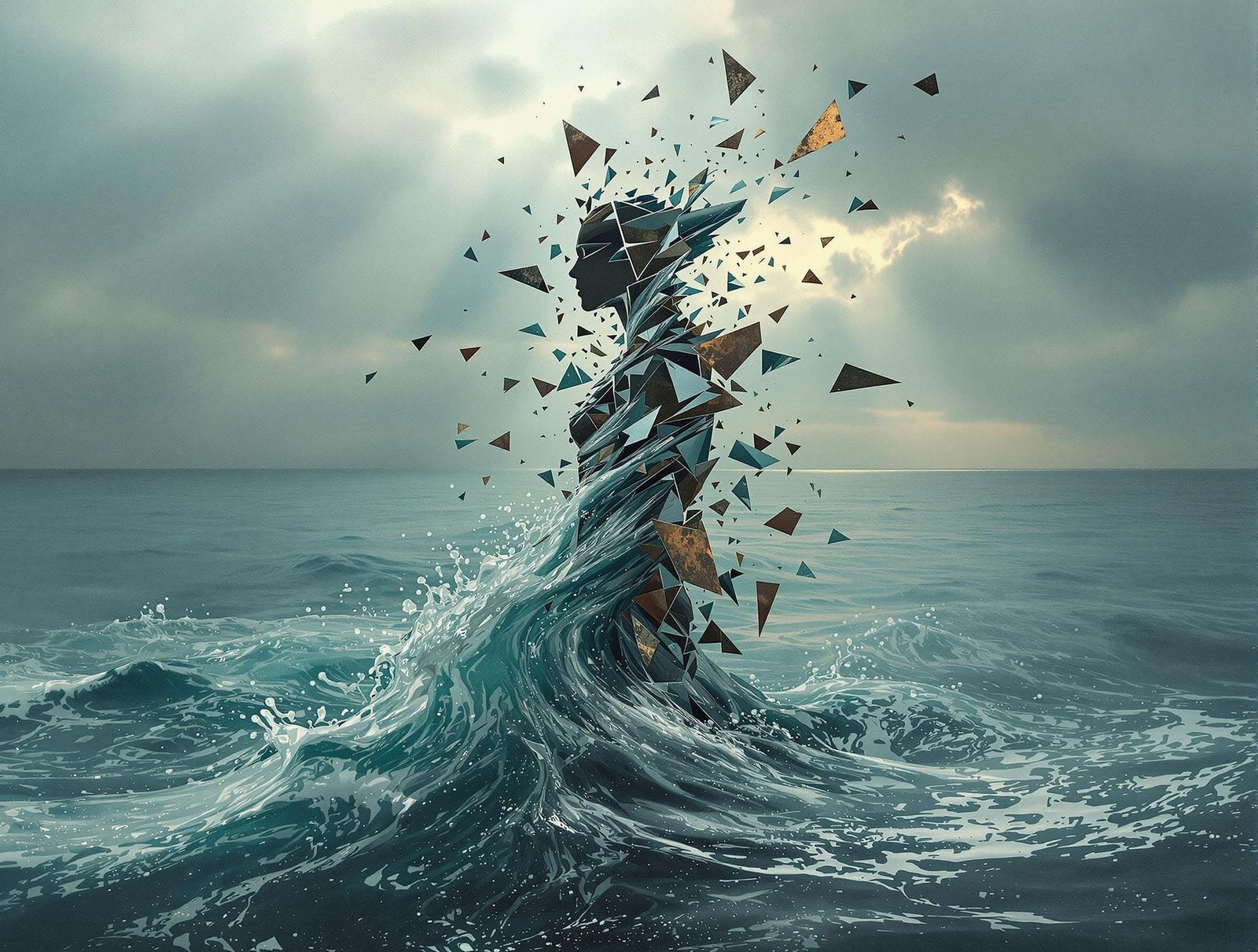 Surreal Digital Collage of Human Figure Dissolving into Wate...