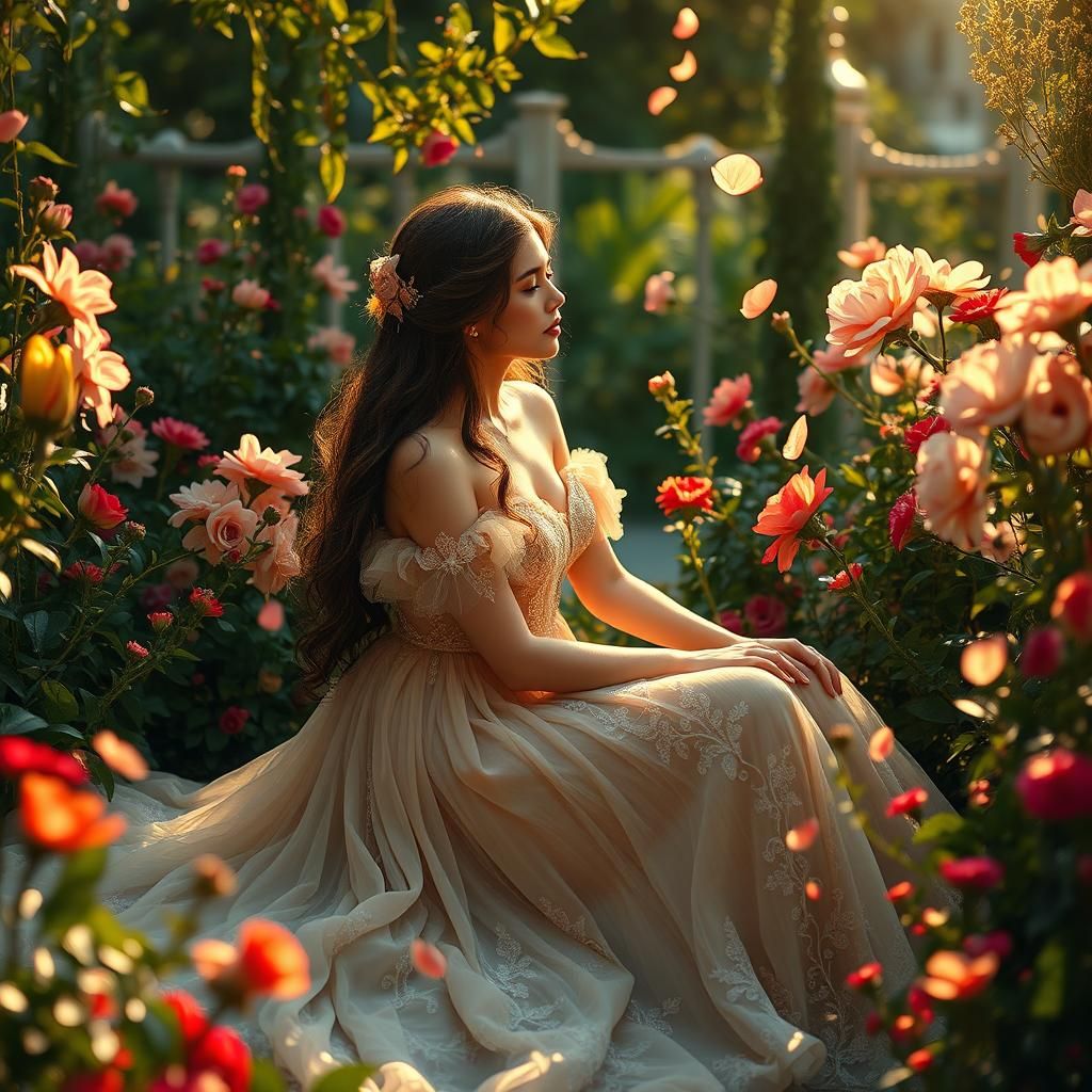Serene Woman in Garden, Dreamy Art Style