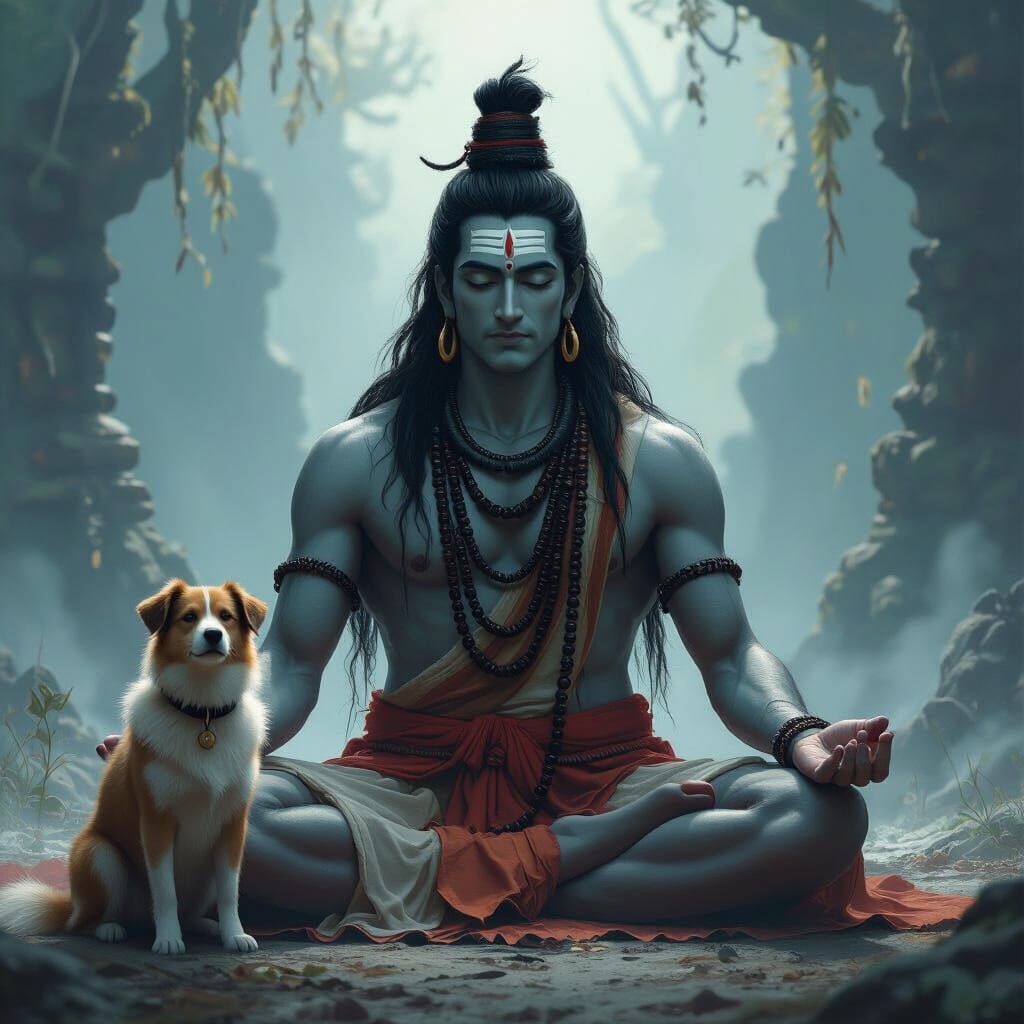 Shiva Meditating with Dog in Mystical Setting