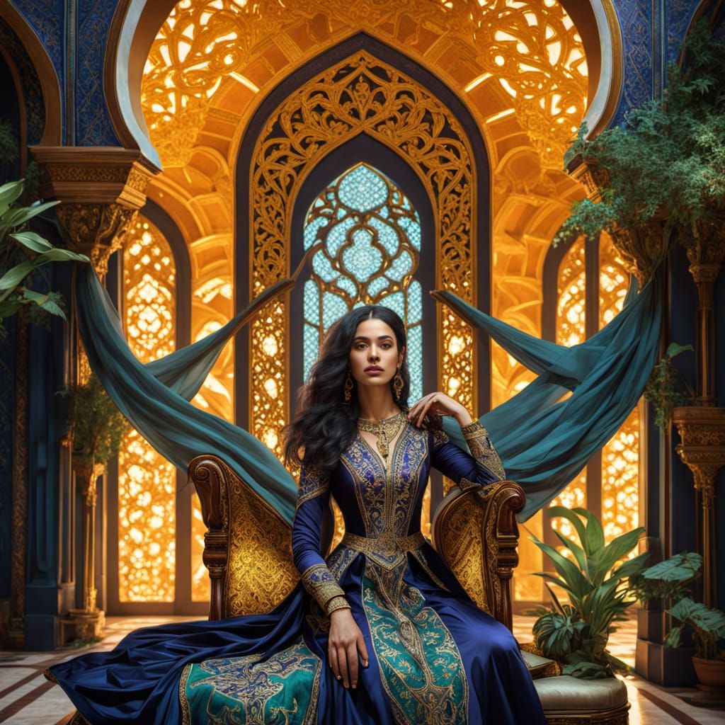 Moorish Princess in Opulent Garments on Ornate Armchair