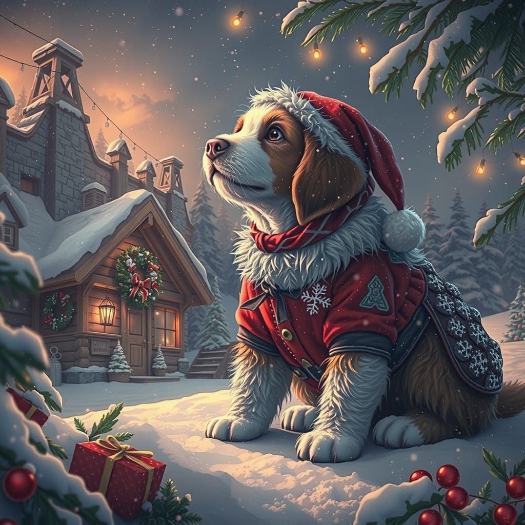 Whimsical Winter Wonderland with Santa Puppy and Festive Dec...