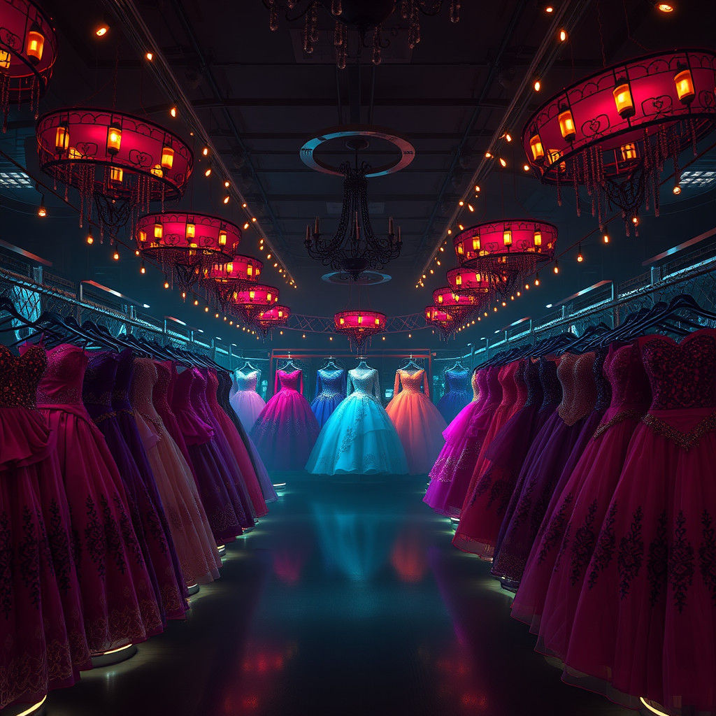 Mystical Quinceanera Store Interior at Dusk