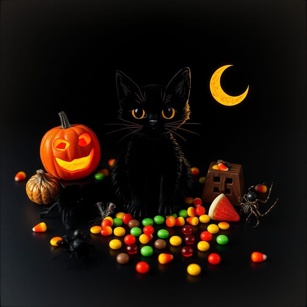 Eerie Black Cat in Surreal Halloween Dreamscape