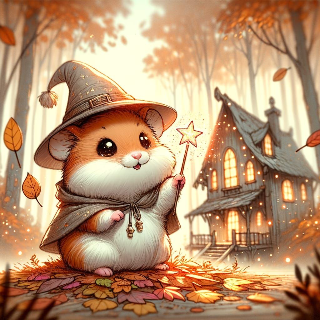 Cute Hamster Wizard Tidies Autumn Leaves in Fantasy Scene