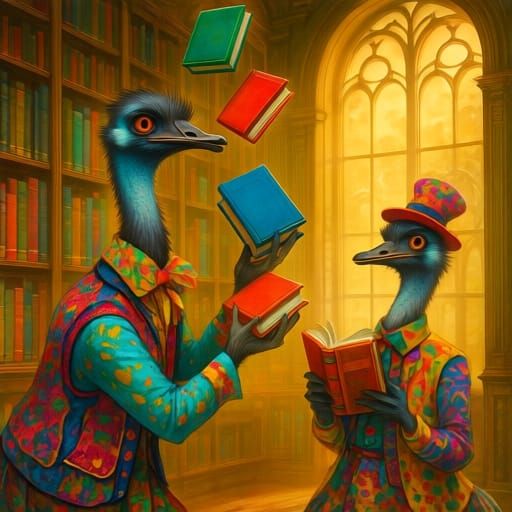 Emus Juggling Books in Whimsical Style