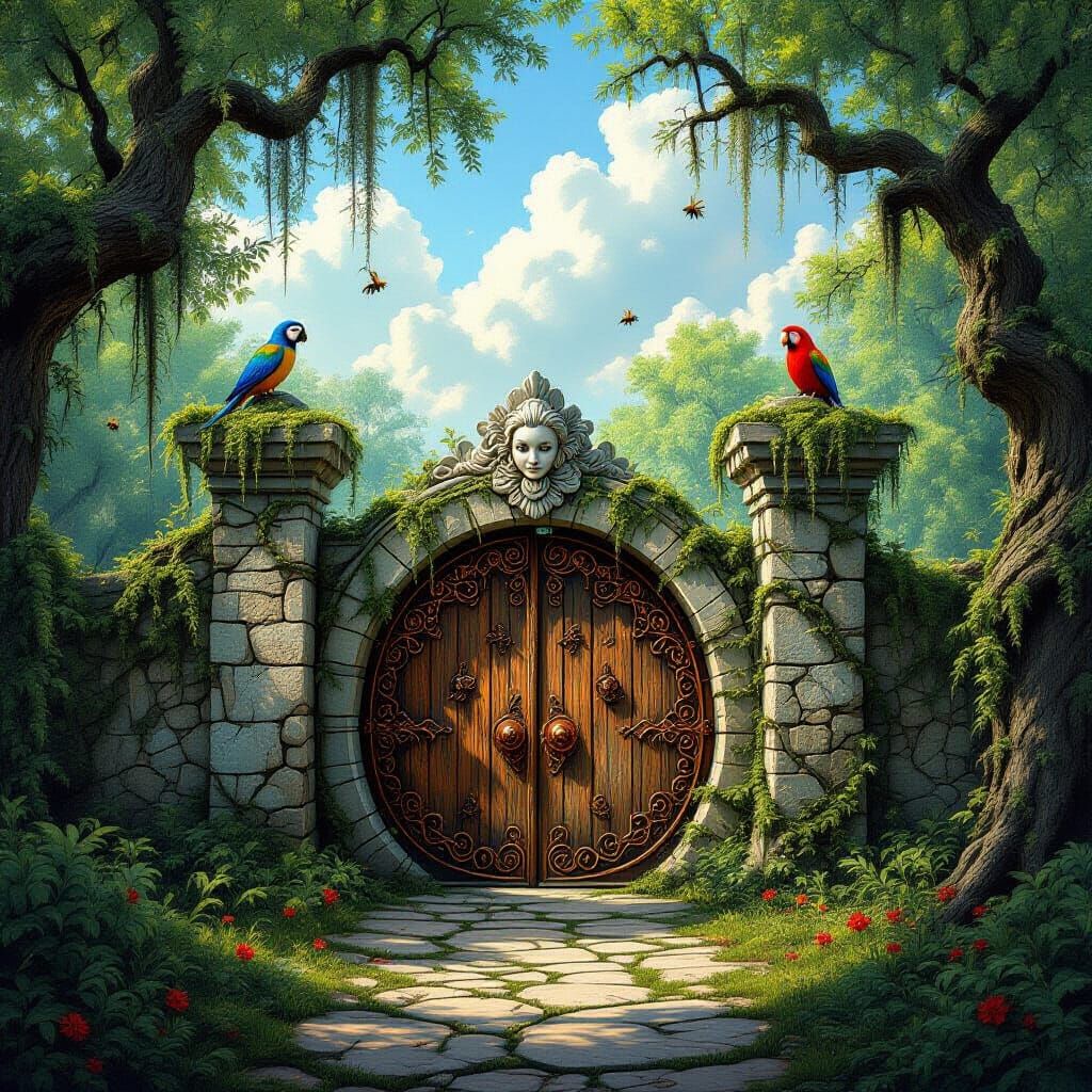 Mystical Bayou Garden with Mermaid Door, Hyperrealistic Styl...