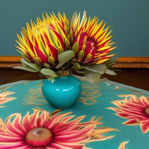 Flaming Protea in Teal Vase, Professional Photography