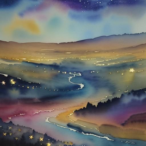 Hazel Night Landscape with Golden Clouds, Watercolour
