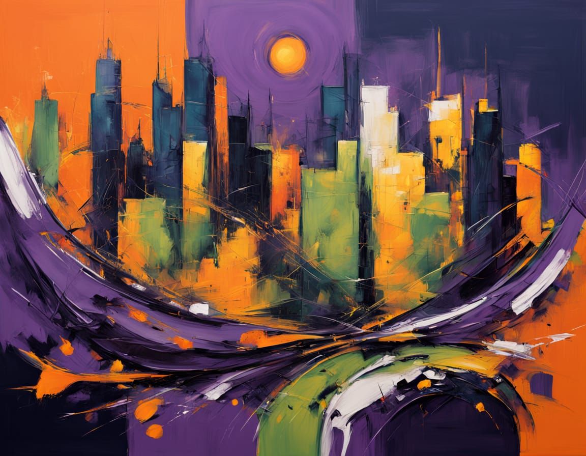 Expressive Abstract Cityscape in Vibrant Purples and Oranges