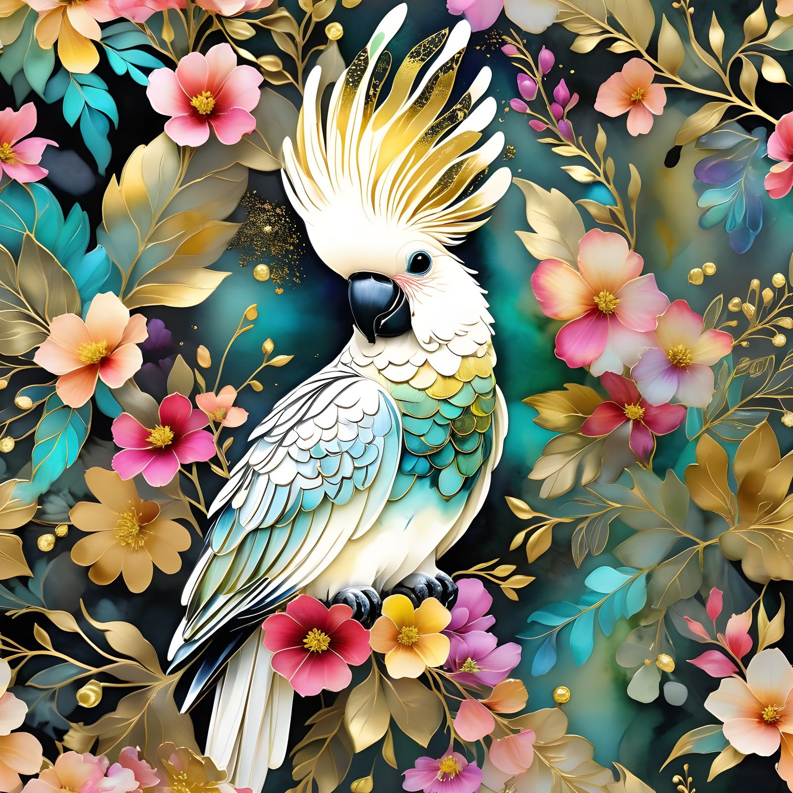 Cockatoo in Lush Garden: 3D Alcohol Ink Art