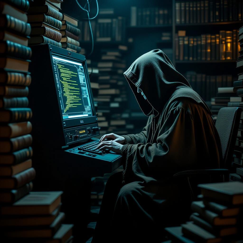 Enigmatic Figure in Dimly Lit Room, as Rembrandt