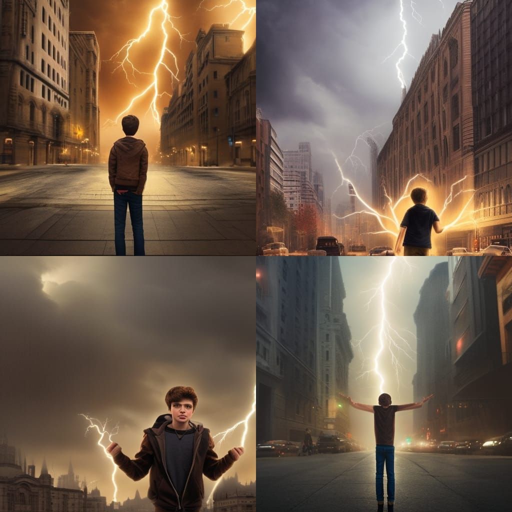 Boy Holding Lightning in City: Realistic Digital Art