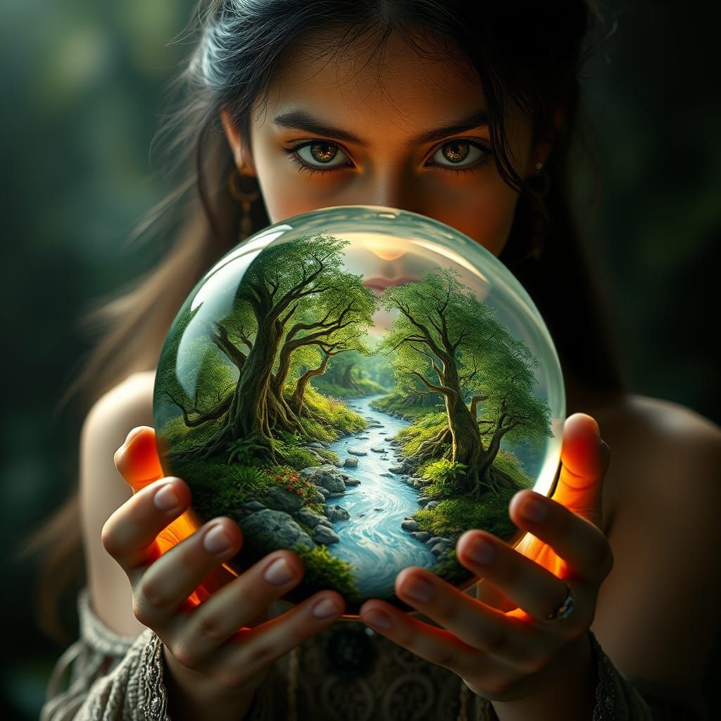 Mystical Girl with Crystal Orb and Miniature Forest