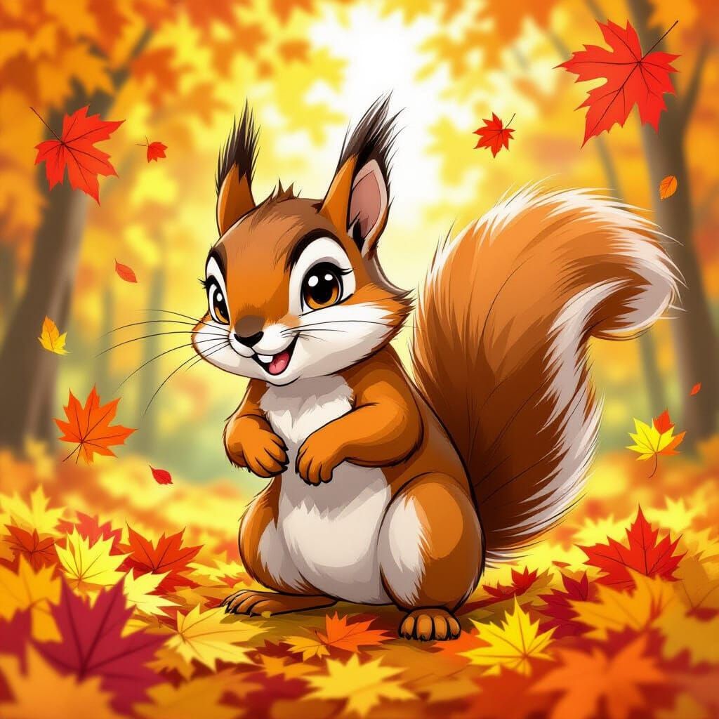 Playful Squirrel in Manga Style with Autumn Leaves