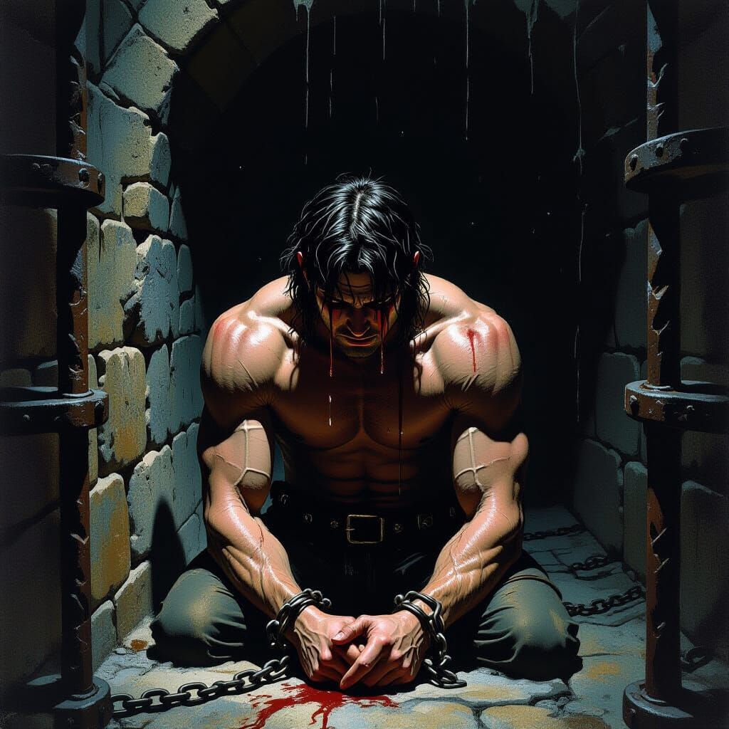 Shackled Figure Cries in Dark Medieval Dungeon