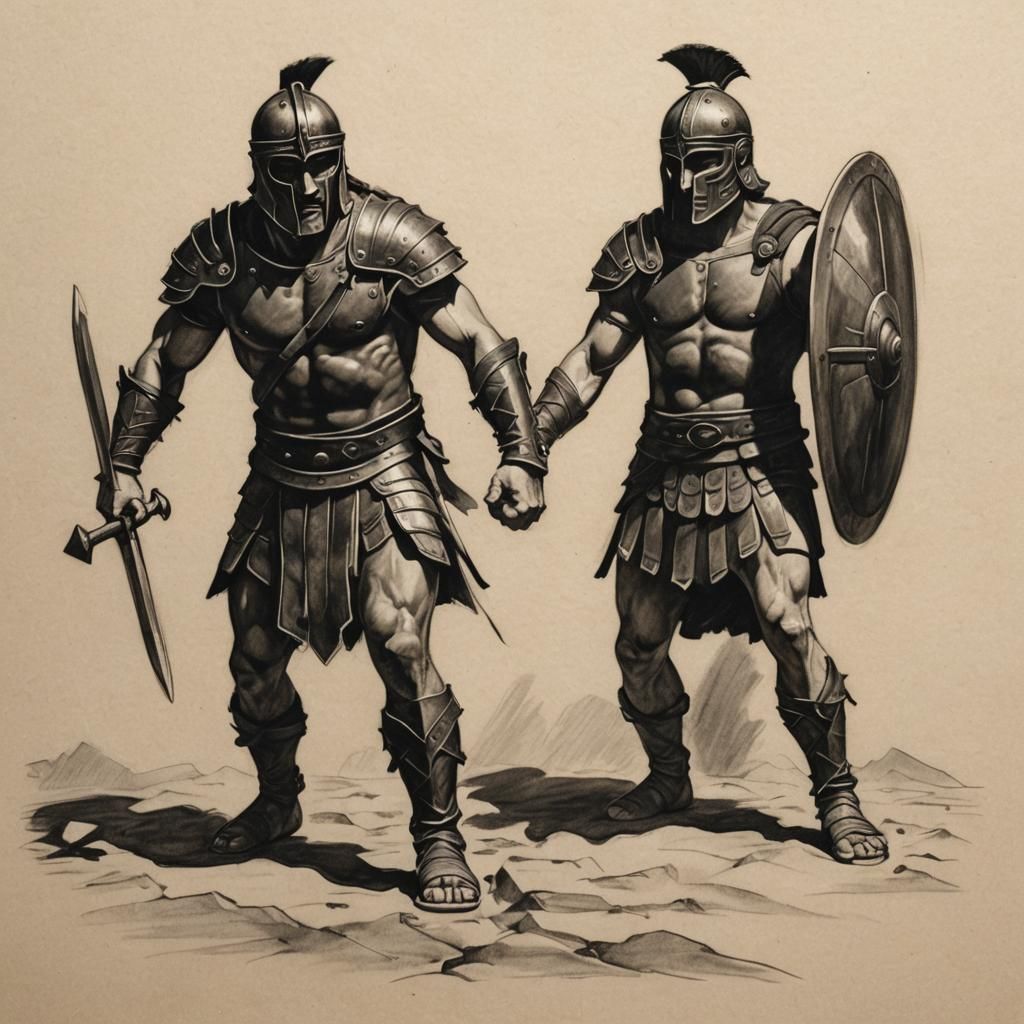 Dramatic Shadows of Two Gladiators in Pencil