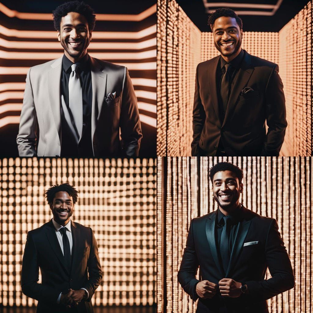 Young Man in Black Suit with LED Background