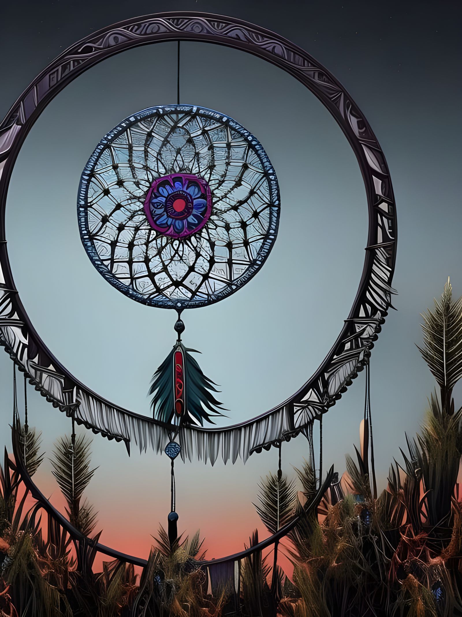 Intricate Multicolored Dreamcatcher in Dark Fantasy Landscap...