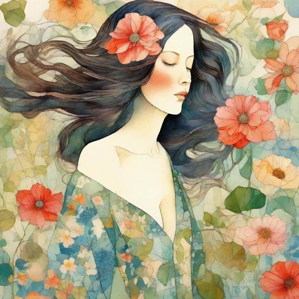 Woman in Floral Garden, Art Nouveau Watercolor