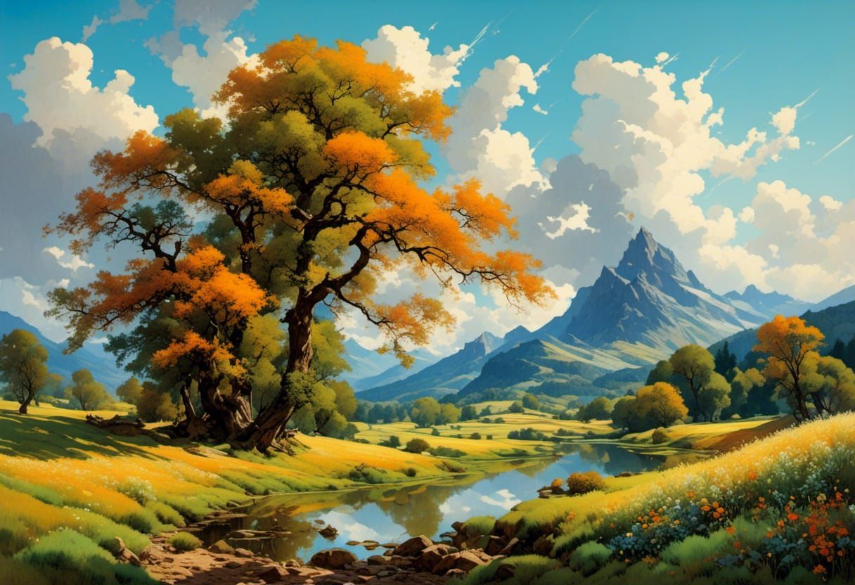 Vintage Landscape with Blossom Tree in Gouache Style